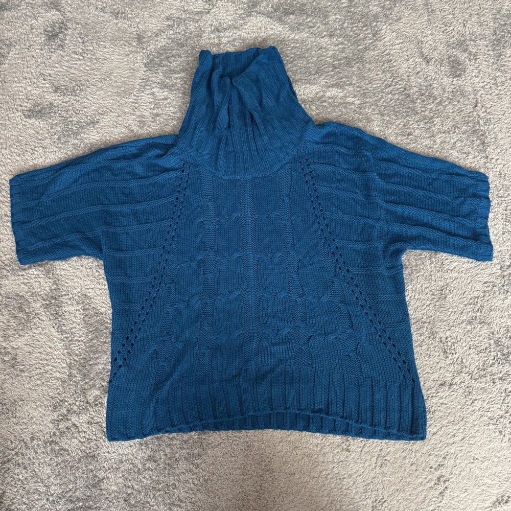 New Directions Woman 1X Plus Teal Cable Knit Poncho Sweater Turtleneck Dolman